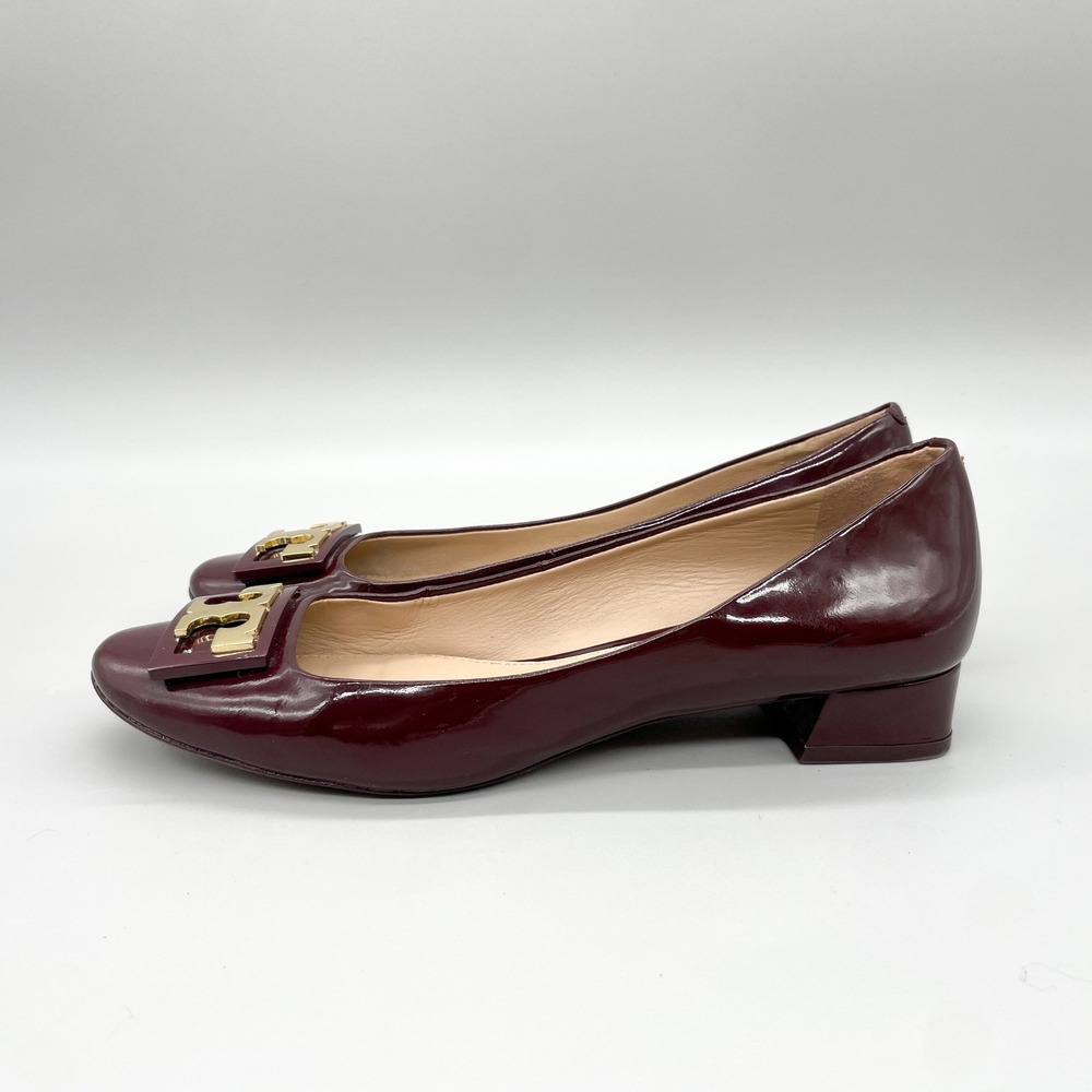 Tory Burch Gigi Pumps Womens 7M Burgundy Patent Leather Low Heel Gold Logo - Picture 5 of 12